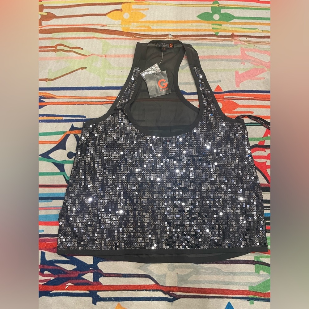 G by Guess Sheer Black and Sequin Tank